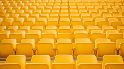 Naklejka premium Rows of seating in an open-air stadium, void of spectators. Emphasizing the essence of fan culture through arranged chairs for the audience. Reflecting a cultural ambiance, these yellow stands