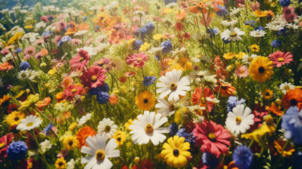A bird's eye view of a vibrant field of wildflowers in full bloom - obrazy, fototapety, plakaty