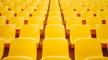 Fototapeta premium Rows of seating in an open-air stadium, void of spectators. Emphasizing the essence of fan culture through arranged chairs for the audience. Reflecting a cultural ambiance, these yellow stands
