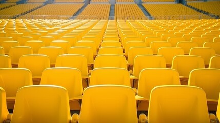 Fototapeta premium Rows of seating in an open-air stadium, void of spectators. Emphasizing the essence of fan culture through arranged chairs for the audience. Reflecting a cultural ambiance, these yellow stands