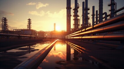 Steel pipes in an oil refinery at sunset, part of the crude oil production process