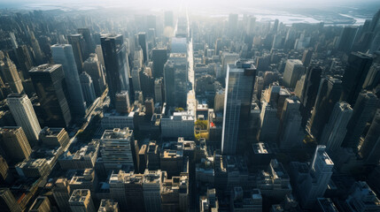 A bird's eye view of a vibrant cityscape with tall buildings and bustling streets - obrazy, fototapety, plakaty