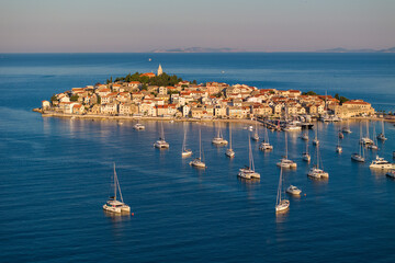 Aerial view of Primosten town on the coast of the Adriatic Sea, Croatia
