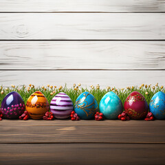 easter background - colorful painted easter eggs in a row in front of a wooden backgound