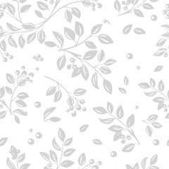 Fototapeta na wymiar Botanical grey seamless pattern of twigs with leaves. hand drawing. Not AI, Vector illustration