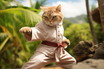 Cute tabby cat in karate uniform striking a pose - obrazy, fototapety, plakaty