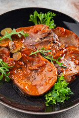tongue food beef tomato hot sauce fresh eating meal cooking snack on the table copy space food background rustic top view