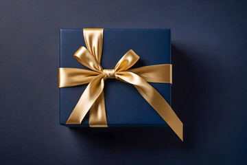 Dark blue gift box with gold satin ribbon