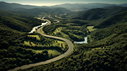 A bird's eye view of a picturesque countryside with rolling hills and winding roads
