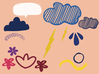 hand drawn cloud collection set vector, doodle style, drops, rain, flowers, clouds, lightning, orange background , doodle style . Children illustration, vector. Funny cartoon 