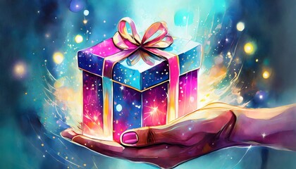 Kolorowy, fantazyjny prezent trzymany na dłoni. Magia wręczania prezentów, obdarowywania - 681180526
