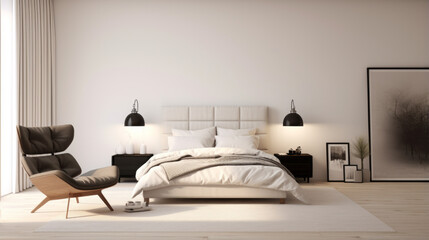 Fototapeta na wymiar a bedroom with a white wall and a black bed and a armchair