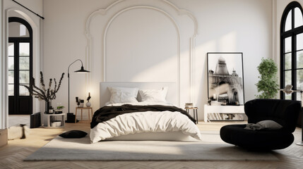 a bedroom with a white wall and a black bed and a armchair - Powered by Adobe