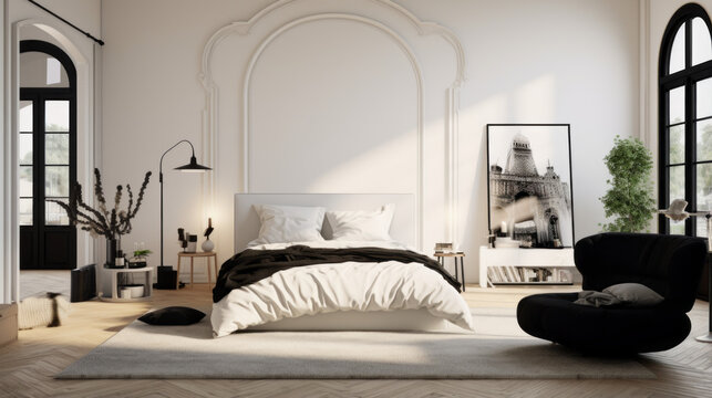 Fototapeta a bedroom with a white wall and a black bed and a armchair
