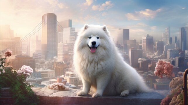 Samoyed dog on the background of the city. 3d rendering