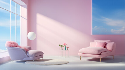 a bedroom with a pink wall details and a white bed and a armchair