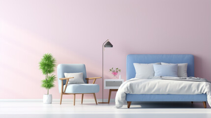 a bedroom with a pink wall details and a white bed and a armchair