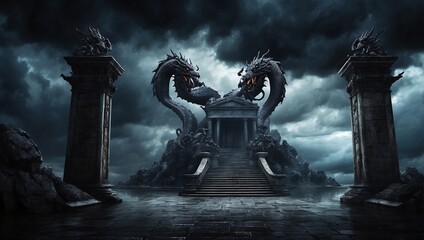 An image of the ominous entrance to the Lernaean Hydra's lair, with dark clouds and a foreboding atmosphere,HD,realistc,colorfull,vivid - obrazy, fototapety, plakaty