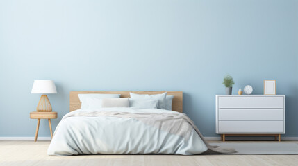 a bedroom with a light blue wall and a white bed