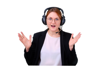A woman is ecstatic video call at a remote job from home, isolated on a white background. Businesswoman in a suit and glasses happy, screen monitor online conference