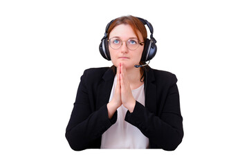 A woman prays to God at a computer during isolation due to a coronavirus, isolated on a white background. Religion and confession in online video call to the priest of the Church under quarantine