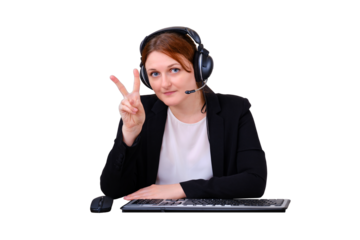 A woman in a business suit shows a victory sign, a webcam screen at an online conference, isolated on a white background. A teacher conducts a web conference through a online camera in the computer