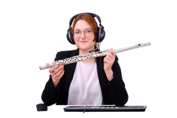A music teacher provides online training in playing the flute, isolated on a white background. A female flautist teaches a flute lesson over the Internet, camera view, isolated on a white background