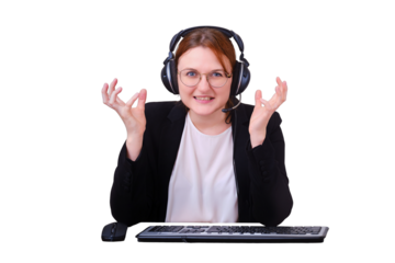 Video conference from home for remote work, evil woman, isolated on a white background. A woman gets angry in the chat for online calls and video via a computer camera, mockup