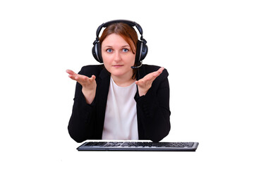 Woman asks a question during an online conference at a remote work from home, isolated on a white background. Businesswoman talks in a video call in an Internet chat