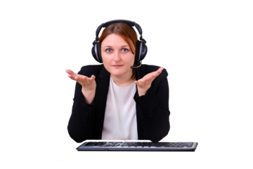 Woman asks a question during an online conference at a remote work from home, isolated on a white background. Businesswoman talks in a video call in an Internet chat
