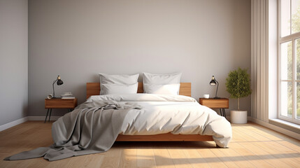 a bedroom with a gray wall and a wooden floor and a double bed and a white bedspread and two nightstands