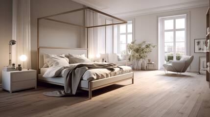 a bedroom with a gray wall and a wooden floor and a four-poster bed and a white bedspread and a dresser - obrazy, fototapety, plakaty