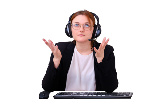 A woman asks for help from above while working online, isolated on a white background. Problems with Internet training and the difficulty of working from home during the flu virus epidemic