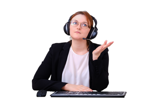 A woman in glasses and a business suit while working online from home, isolated on a white background. A screen of a web camera with the online training, screen program for video calls and online chat