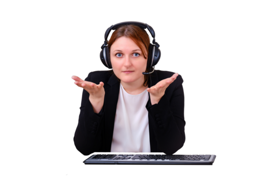 Woman asks a question during an online conference at a remote work from home, isolated on a white background. Businesswoman talks in a video call in an Internet chat
