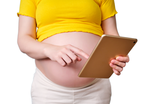 Digital tablet in the hands of a pregnant woman, isolated on a white background - Powered by Adobe