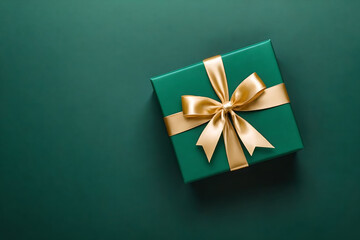 Green gift box with gold satin ribbon