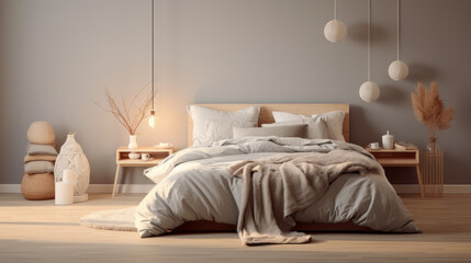a bedroom with a gray wall and a wooden floor and a bed and a white bedspread