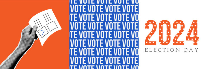 Election day square banners set. Vote 2024 in USA, social media banner design with halftone sticker of hand holding ballot. Election voting posters. Political election campaign. Vector