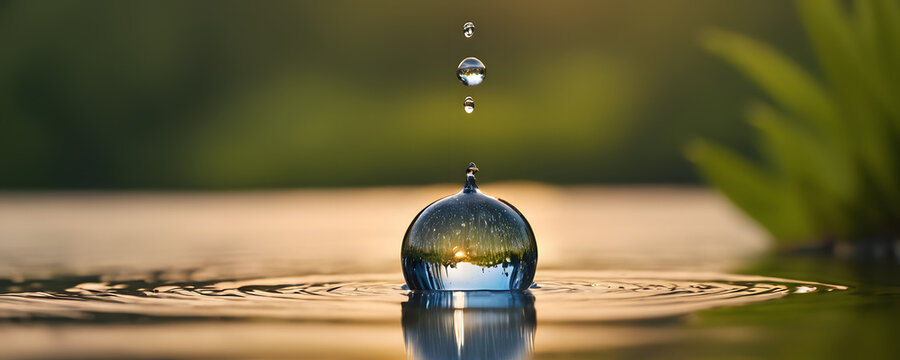 Macro Capture of a Single Water Droplet Creating Ripples on Tranquil Surface - High-Speed Photography, Clarity and Purity Concept
