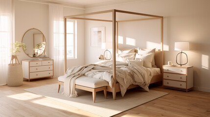 a bedroom with a beige wall and a wooden floor and a four-poster bed and a white bedspread and two nightstands