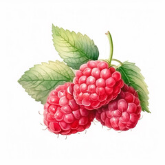 Raspberries with leaf isolated on white background. Watercolour illustration. - obrazy, fototapety, plakaty