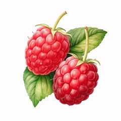 Raspberries with leaf isolated on white background. Watercolour illustration.