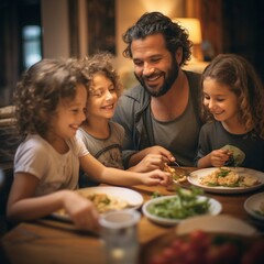 Smiling father with children eating, happy family