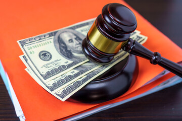Judges Or Auctioneer Gavel On The Dollar Cash Background, Top View, Close-Up. Concept For Corruption, Bankruptcy, Bail, Crime, Bribing, Fraud, Auction Bidding, Fines