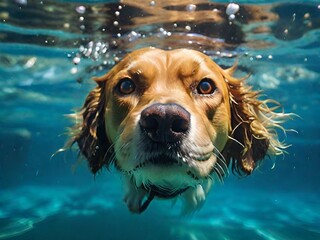 Cute golden retriever dog swimming underwater in a swimming pool.. AI.