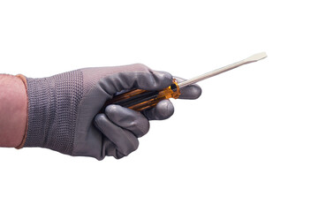 Screwdriver in the hands of a man, isolated on the white background