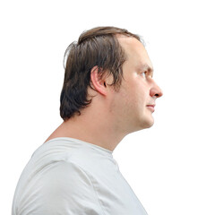 Obraz premium Portrait of a man in a white t-shirt, close-up, isolated on a white background. Face of a man 35-40 years old in profile, isolated on a white background