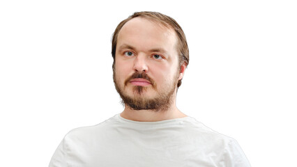 Face of a man with a beard in a white t-shirt, close-up, isolated on a white background. Portrait of a man 35-40 years old on a beige background