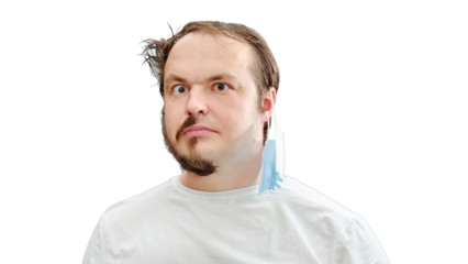 Adult man before and after the coronavirus epidemic, the concept of closed hairdressers and barbershops, isolated on a white background. Portrait of a man with a half-shaved beard and in medical mask